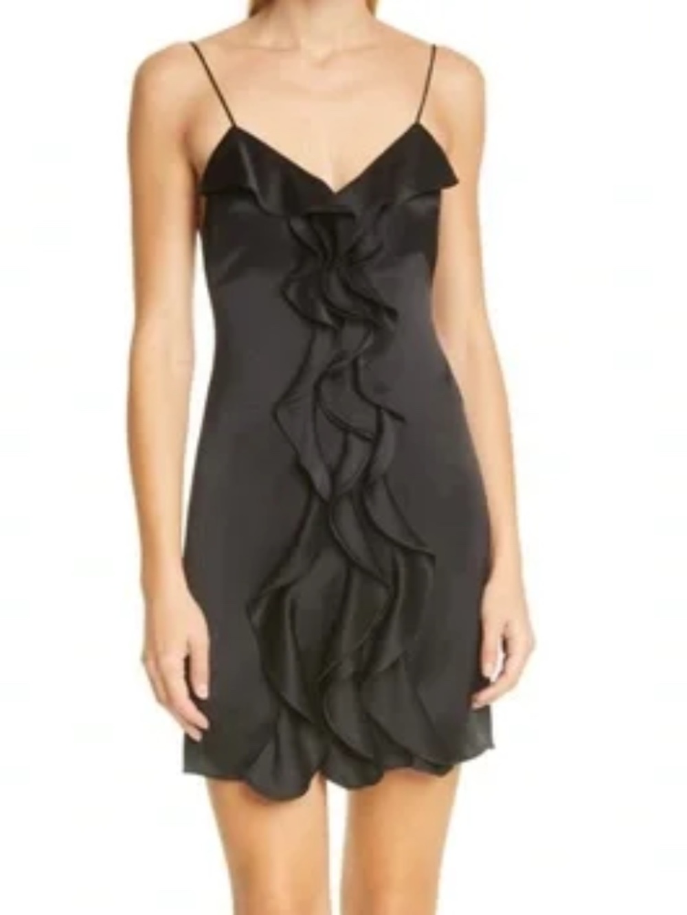 Alice + Olivia Black Satin Ruffle Slip Dress Size 6